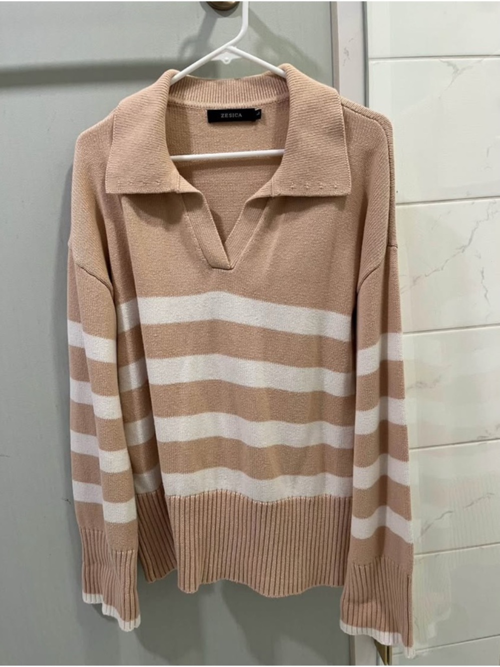 Zesica Cream & Beige Striped Polo Sweater